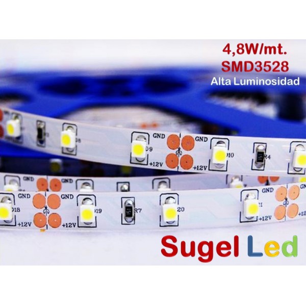Tira LED 5 mts Flexible 24W 300 Led SMD 3528 IP20 Blanco Neutro Alta Luminosidad